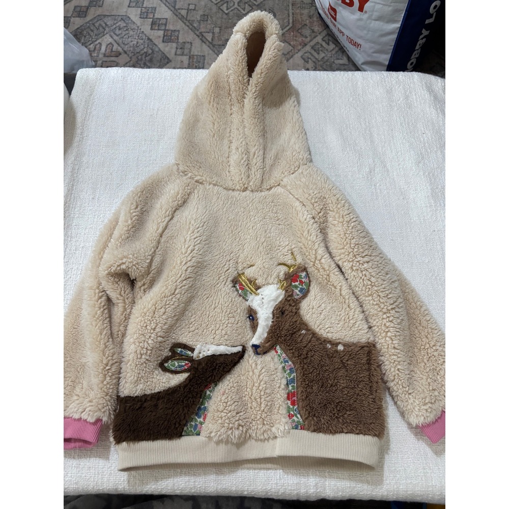 Mini Boden Girls Cream Borg Fleece Deer Applique Hoodie Sweatshirt 5-6Y 116cm